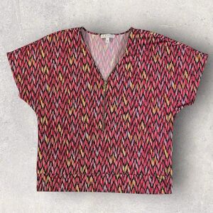 Chaus New York Multi-Color Half Zip Blouse Zigzag Pattern Gold Zipper Size XL